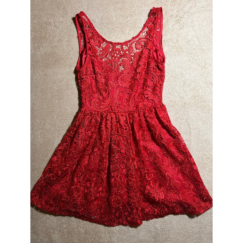 Jun & Ivy Women Small Red Knee Length Floral Lace Crochet Sleeveless Dress